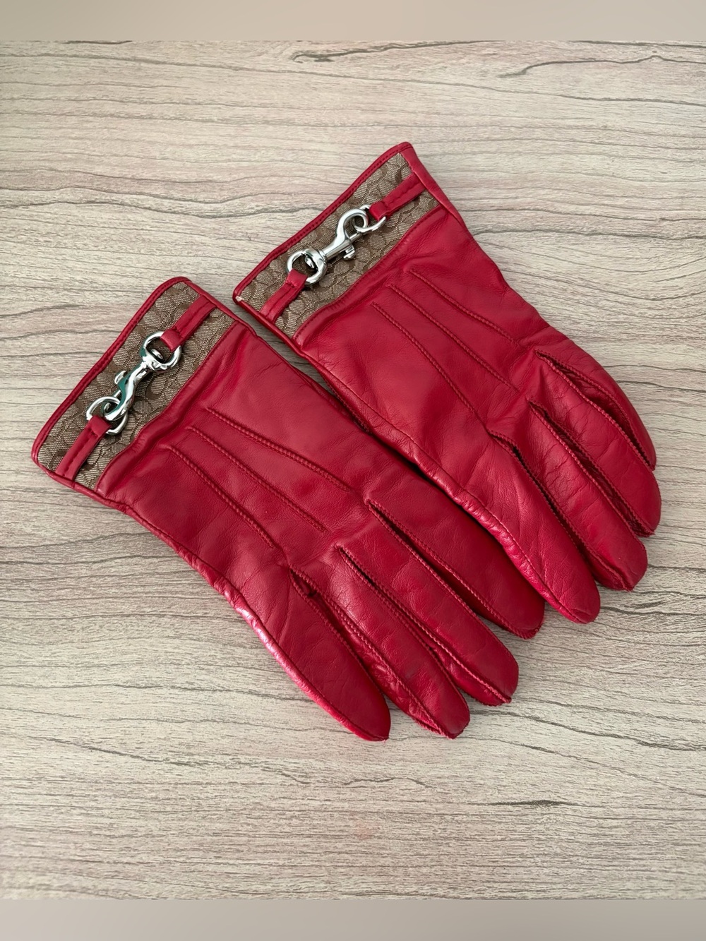 Coach Red Leather cashmere lined Gloves with Signature Trim